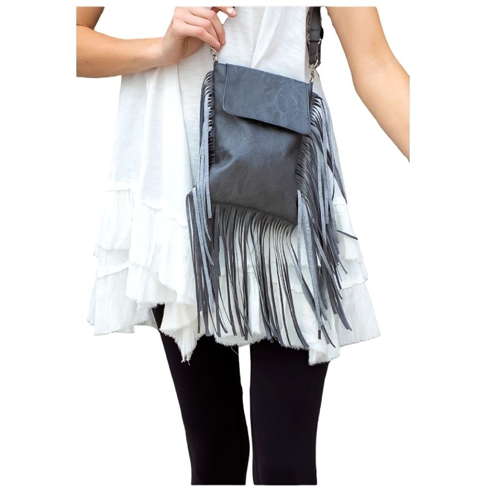 NWT AREA Stars Fringe Faux Leather Crossbody Bag, Grey, 7"W x 9"H x 1"D